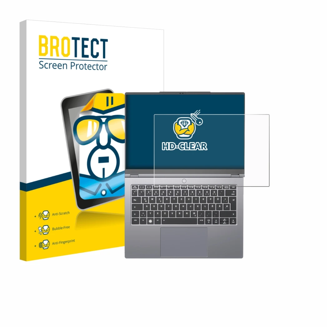 Front side of a product packaging with the brand logo BROTECT. Next to it is the device Tuxedo InfinityBook Pro 14 Gen 10 show