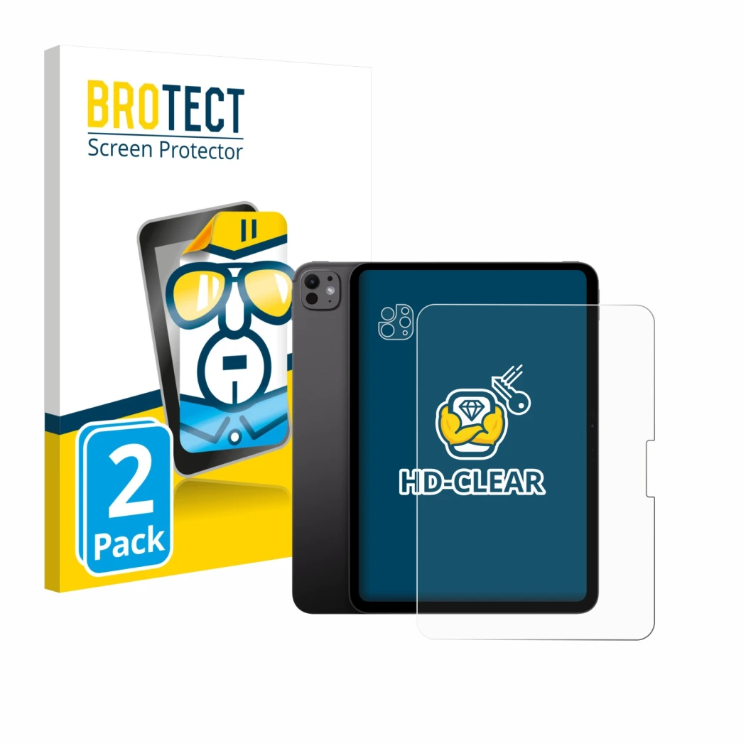 Front side of a product packaging with the brand logo BROTECT. Next to it is the device Apple iPad Pro 11