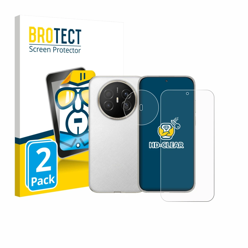 Front side of a product packaging with the brand logo BROTECT. Next to it is the device Huawei Mate 70 Air (Front+Camera) show