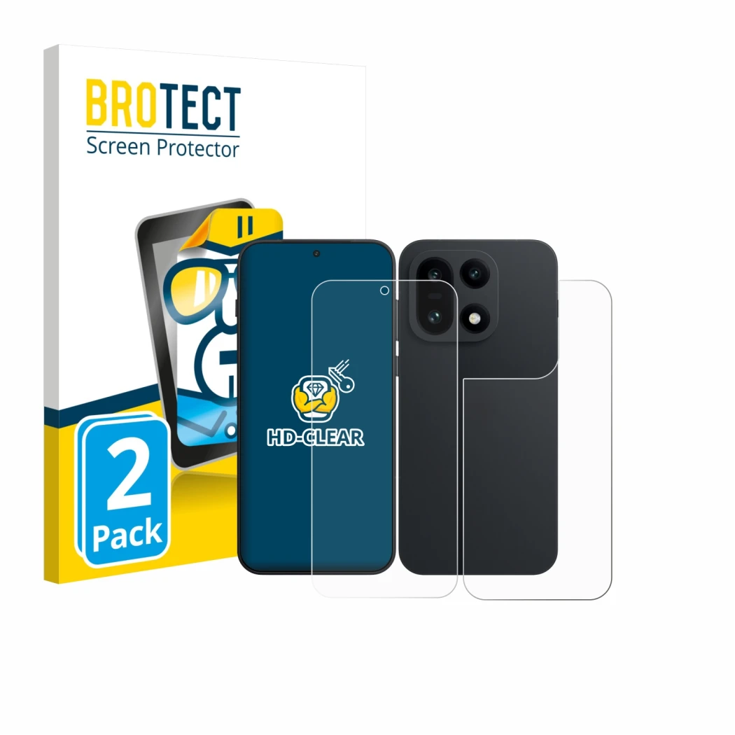 Front side of a product packaging with the brand logo BROTECT. Next to it is the device OnePlus 15 (Front+Back) shown with the