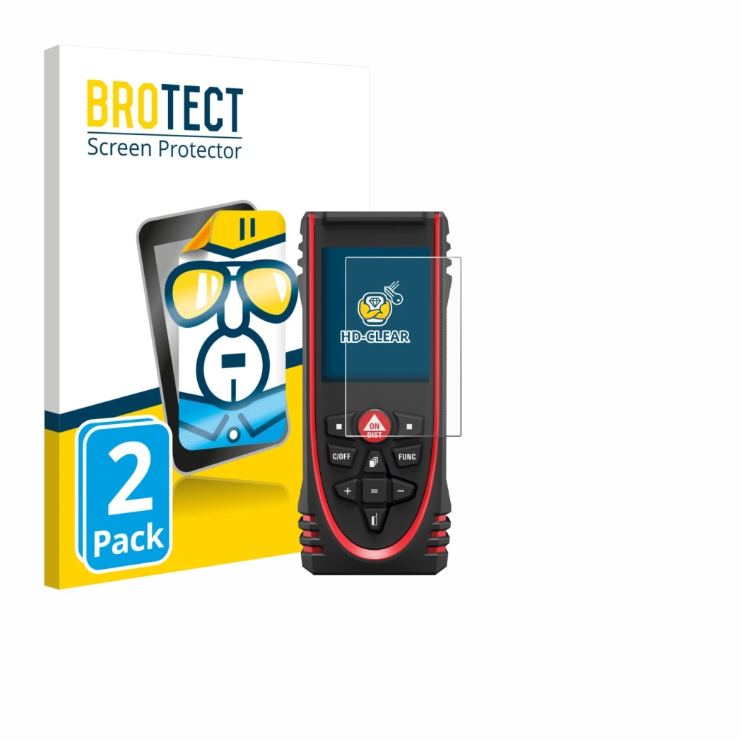 Front side of a product packaging with the brand logo BROTECT. Next to it is the device Leica DISTO X3 shown with the correspo