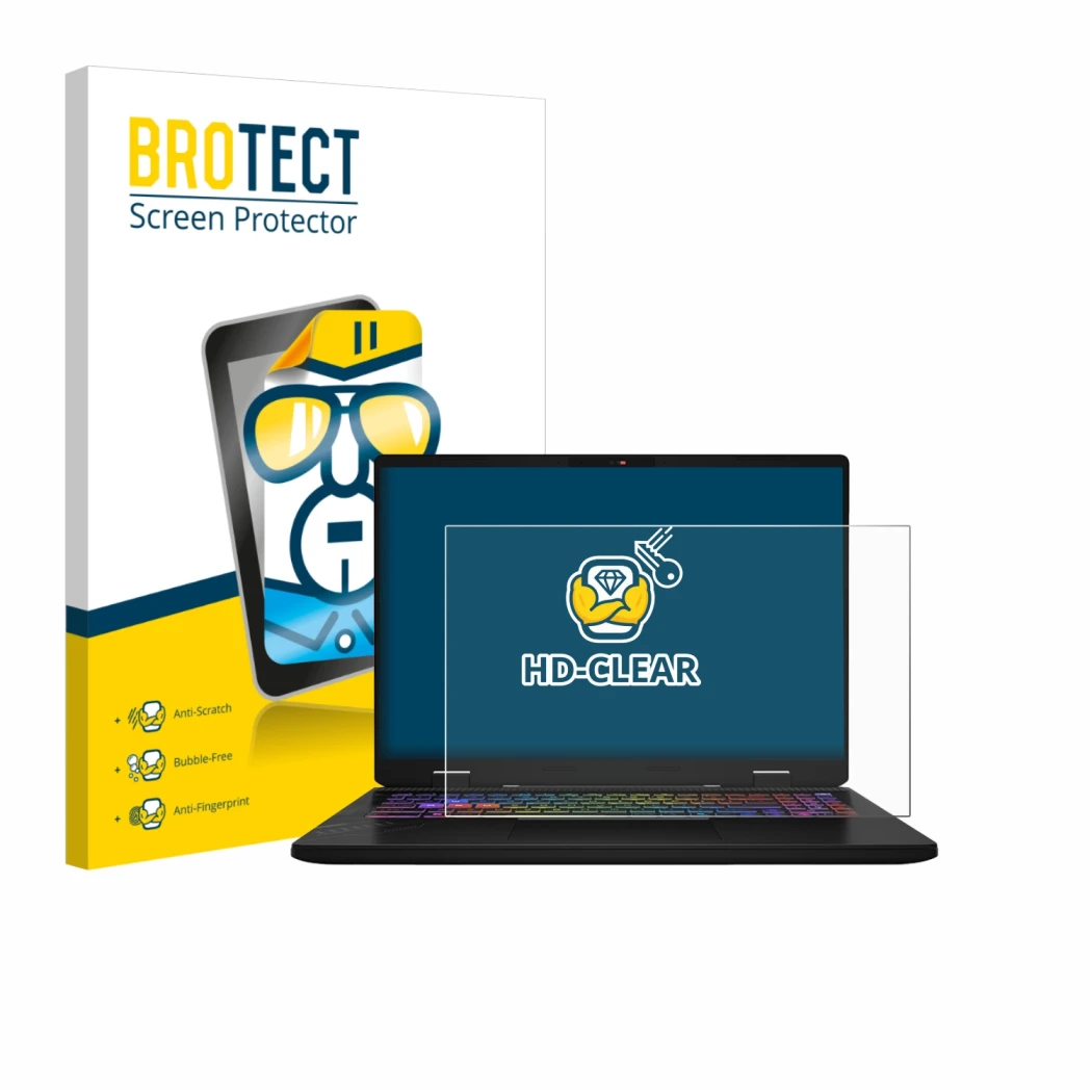 Front side of a product packaging with the brand logo BROTECT. Next to it is the device MSI Vector 16 HX AI shown with the cor