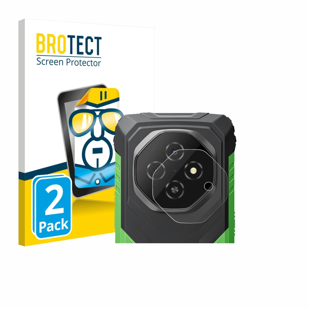 Front side of a product packaging with the brand logo BROTECT. Next to it is the device Blackview Fort 1 (ONLY Camera Lens) sh