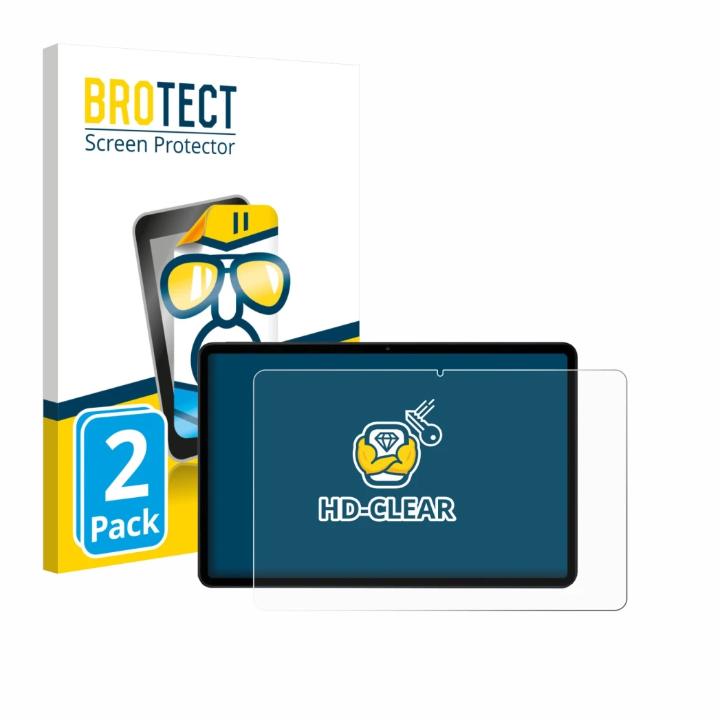 Front side of a product packaging with the brand logo BROTECT. Next to it is the device Xiaomi Poco Pad M1 shown with the corr