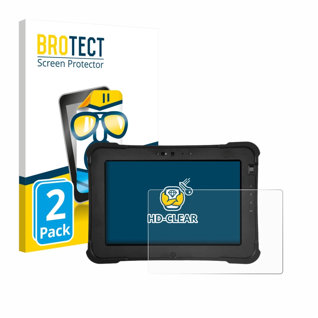 Front side of a product packaging with the brand logo BROTECT. Next to it is the device Zebra XSlate L10ax shown with the corr