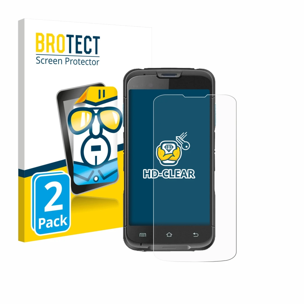 Front side of a product packaging with the brand logo BROTECT. Next to it is the device Unitech EA602 shown with the correspon