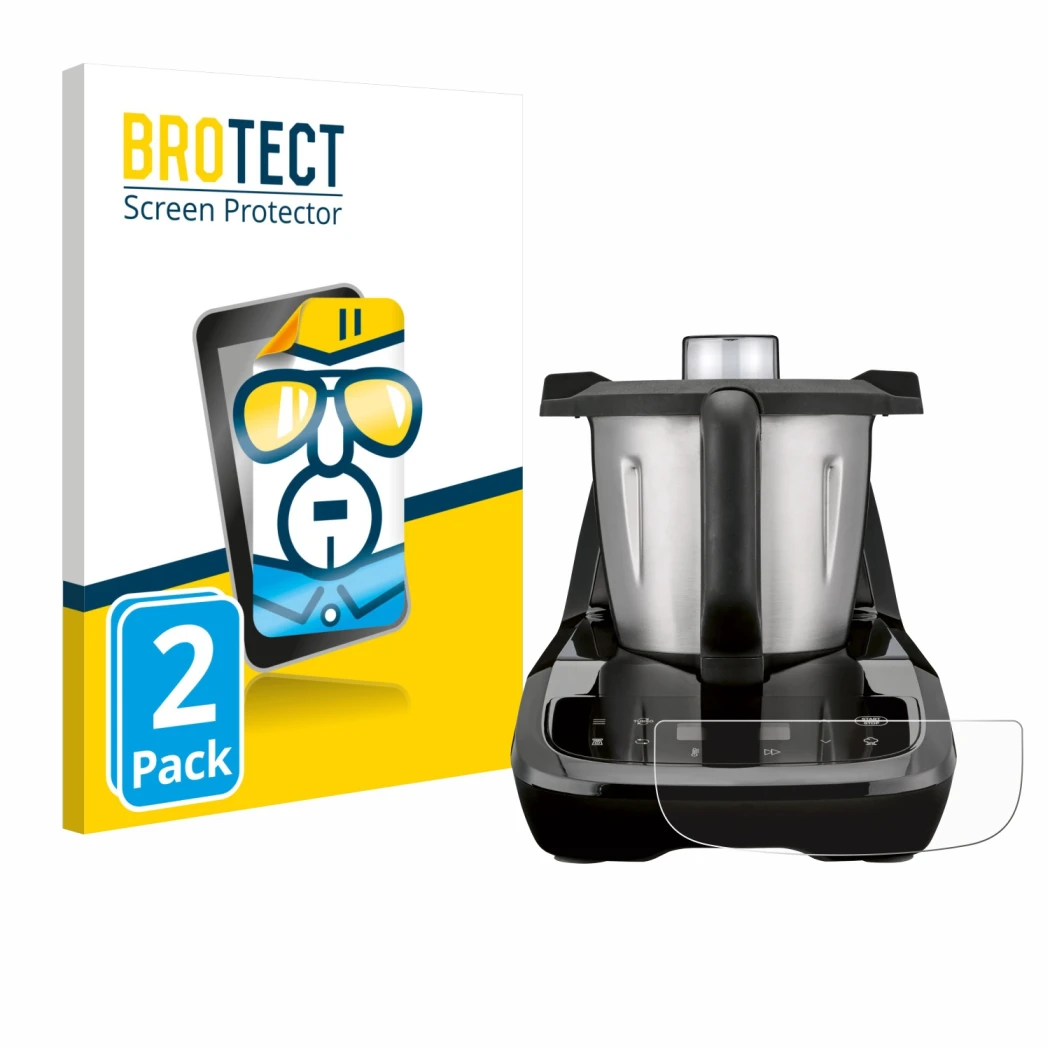 Front side of a product packaging with the brand logo BROTECT. Next to it is the device SilverCrest Monsieur Cuisine compact s