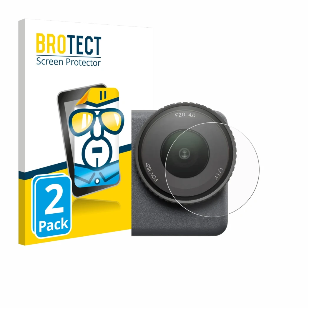 Front side of a product packaging with the brand logo BROTECT. Next to it is the device DJI Osmo Action 6 (Lens) shown with th