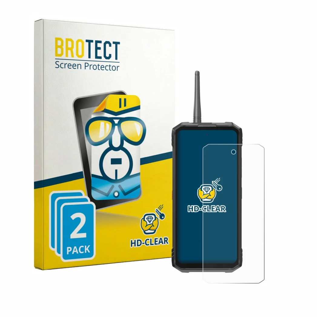 Front side of a product packaging with the brand logo BROTECT. Next to it is the device Hotwav Hyper 8 Ultra shown with the co