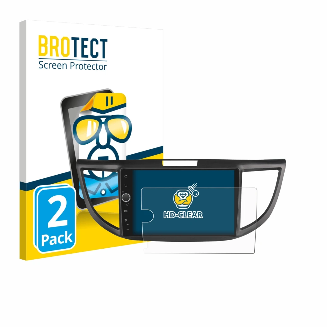 Front side of a product packaging with the brand logo BROTECT. Next to it is the device Joying Car Radio 9