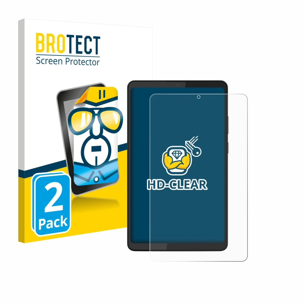 Front side of a product packaging with the brand logo BROTECT. Next to it is the device Lenovo Tab K9 shown with the correspon