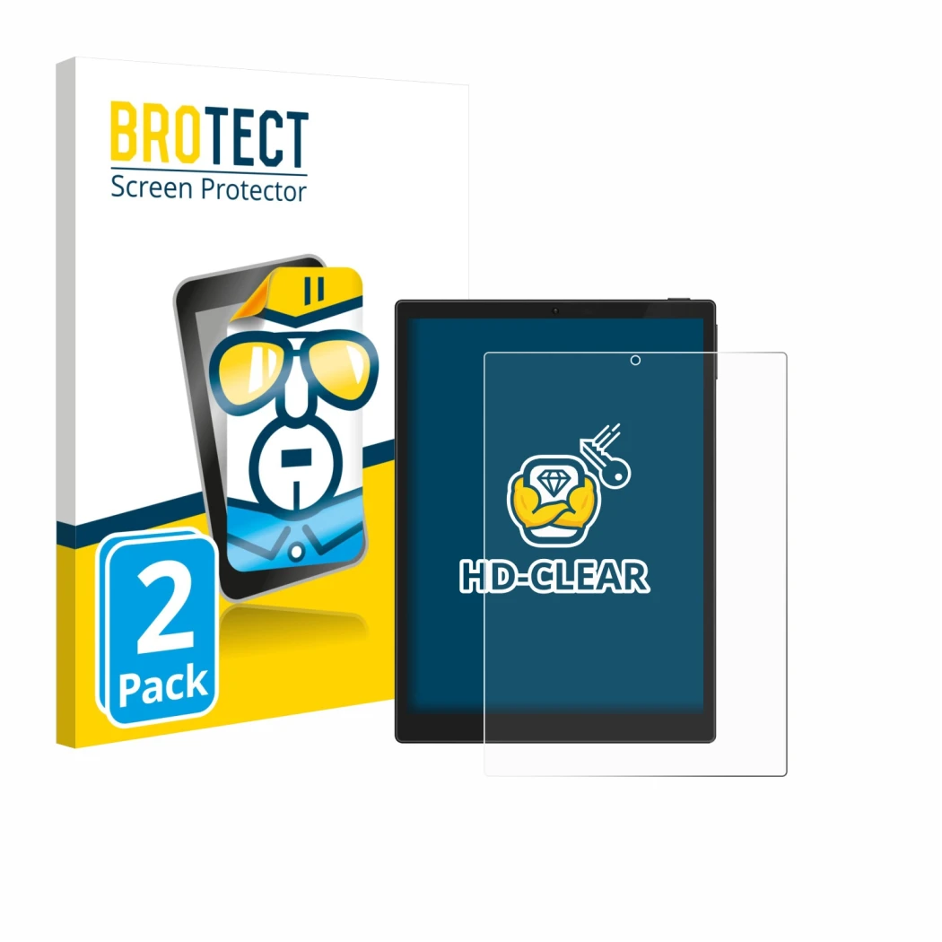 Front side of a product packaging with the brand logo BROTECT. Next to it is the device Hannspree Lumo 7.8 shown with the corr