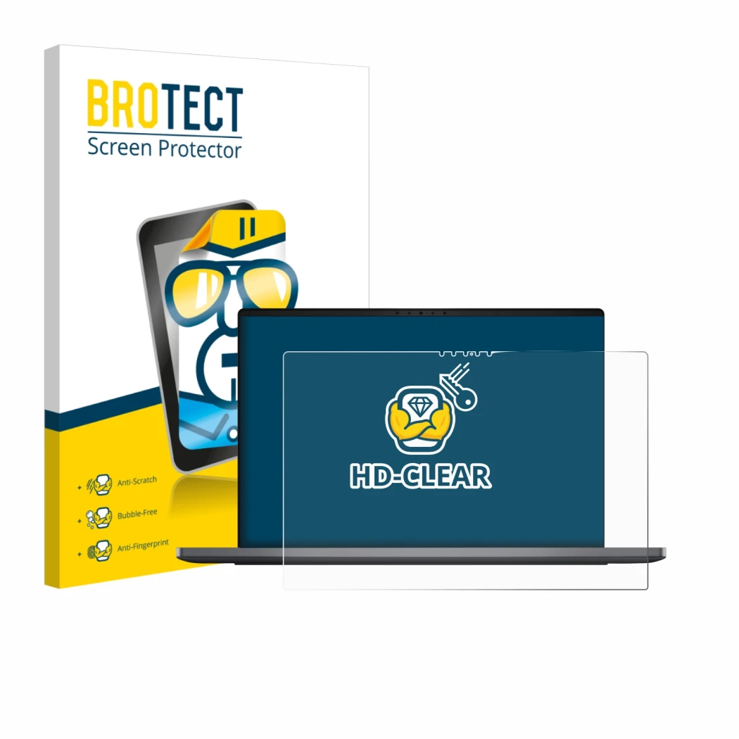 Front side of a product packaging with the brand logo BROTECT. Next to it is the device Dell XPS 14 DA14260 shown with the cor