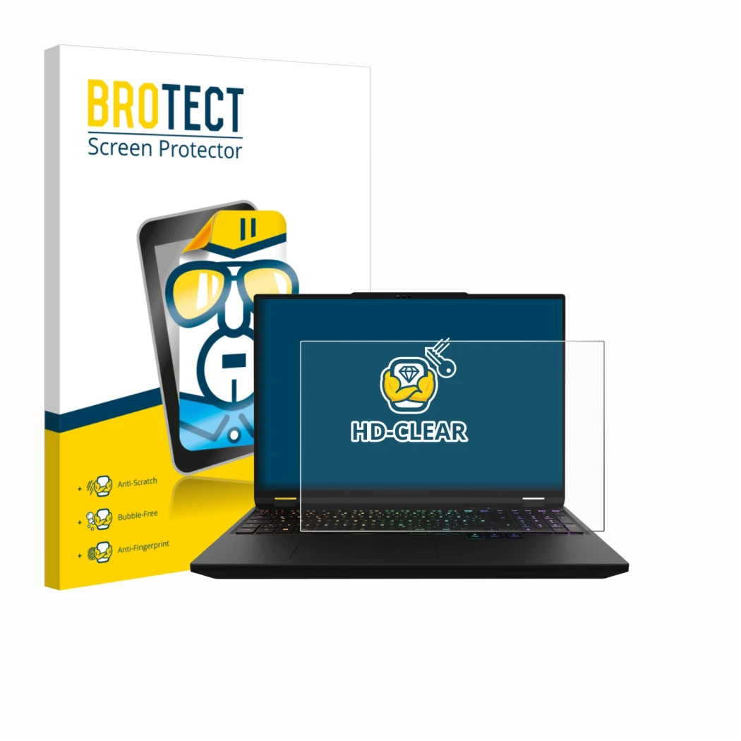 Front side of a product packaging with the brand logo BROTECT. Next to it is the device XMG Apex 16 Max shown with the corresp