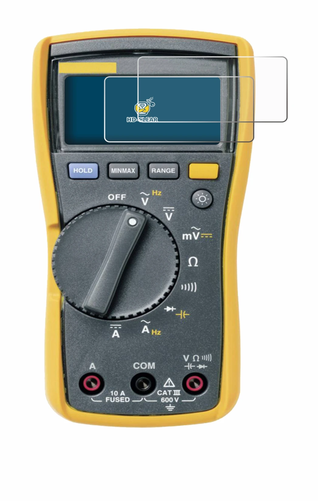 Image of the device Fluke 115 with a wide variety of screen protectors.