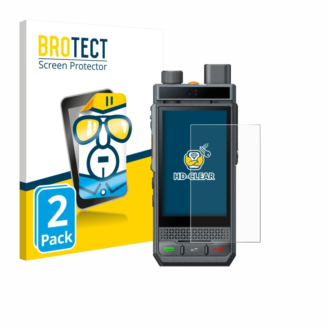 Front side of a product packaging with the brand logo BROTECT. Next to it is the device Hytera P60 shown with the correspondin