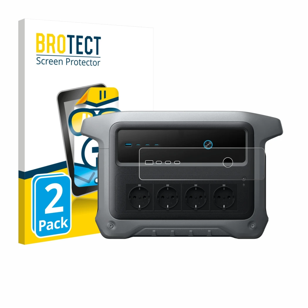 Front side of a product packaging with the brand logo BROTECT. Next to it is the device Anker SOLIX C1000 Gen 2 shown with the