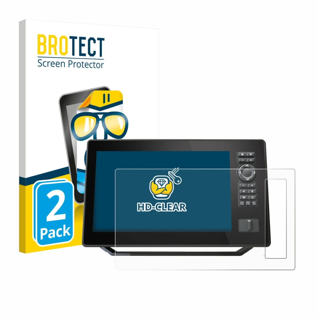 Front side of a product packaging with the brand logo BROTECT. Next to it is the device Humminbird Xplore 9 shown with the cor