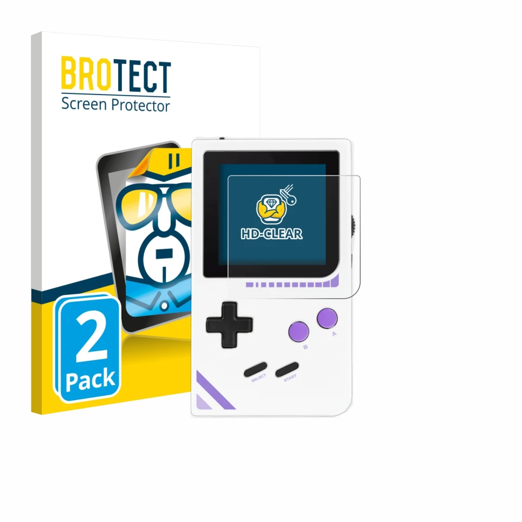 Front side of a product packaging with the brand logo BROTECT. Next to it is the device Modretro Chromatic shown with the corr