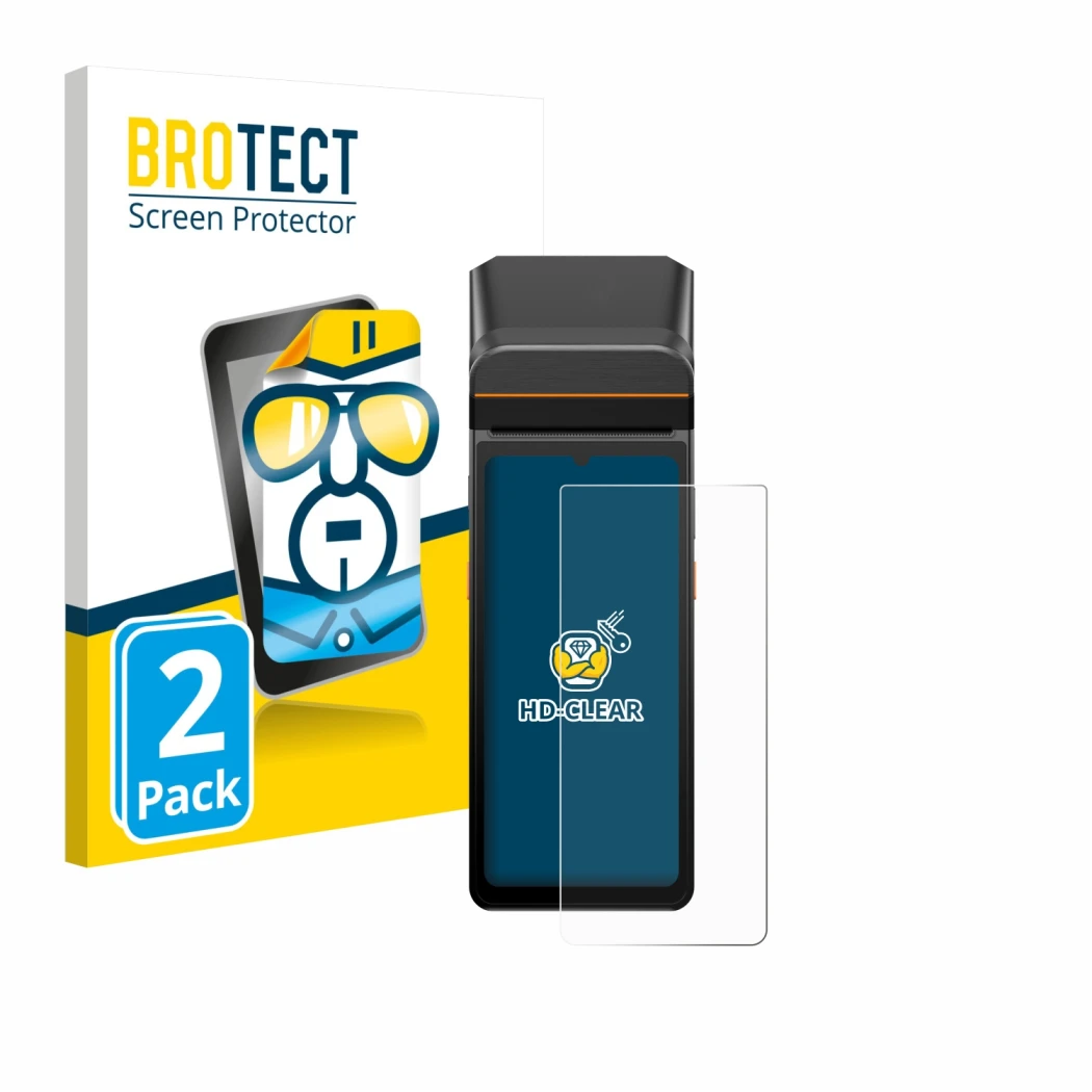 Front side of a product packaging with the brand logo BROTECT. Next to it is the device Sunmi V3 A13 shown with the correspond