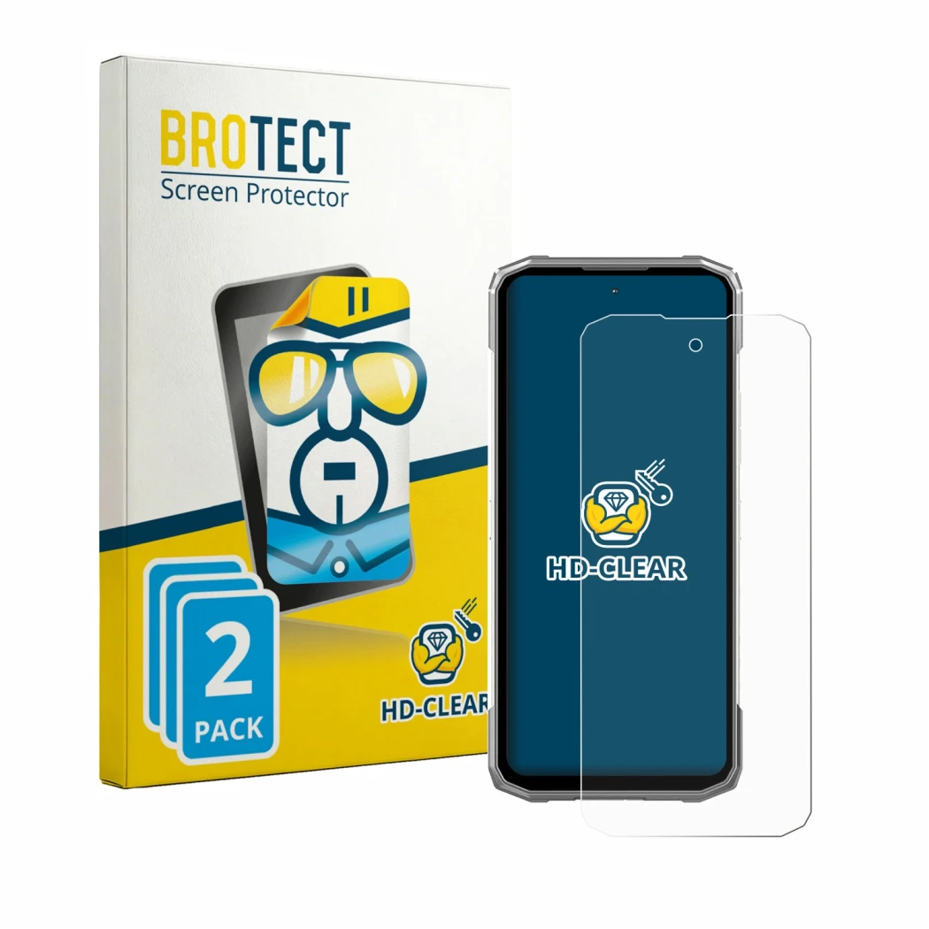 Front side of a product packaging with the brand logo BROTECT. Next to it is the device Doogee Blade 20 Max shown with the cor
