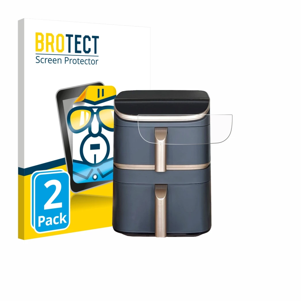 Front side of a product packaging with the brand logo BROTECT. Next to it is the device Cosori Turbo Tower Pro shown with the