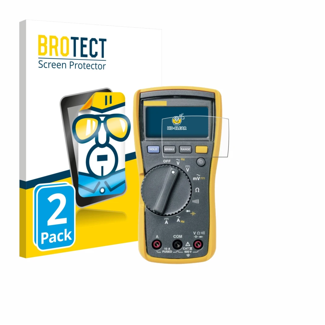 Front side of a product packaging with the brand logo BROTECT. Next to it is the device Fluke MultiMeter 113 shown with the co
