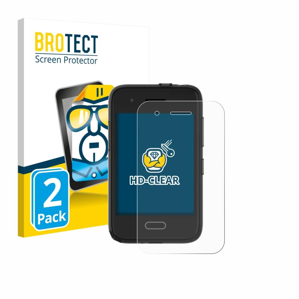 Front side of a product packaging with the brand logo BROTECT. Next to it is the device Xplora One shown with the correspondin