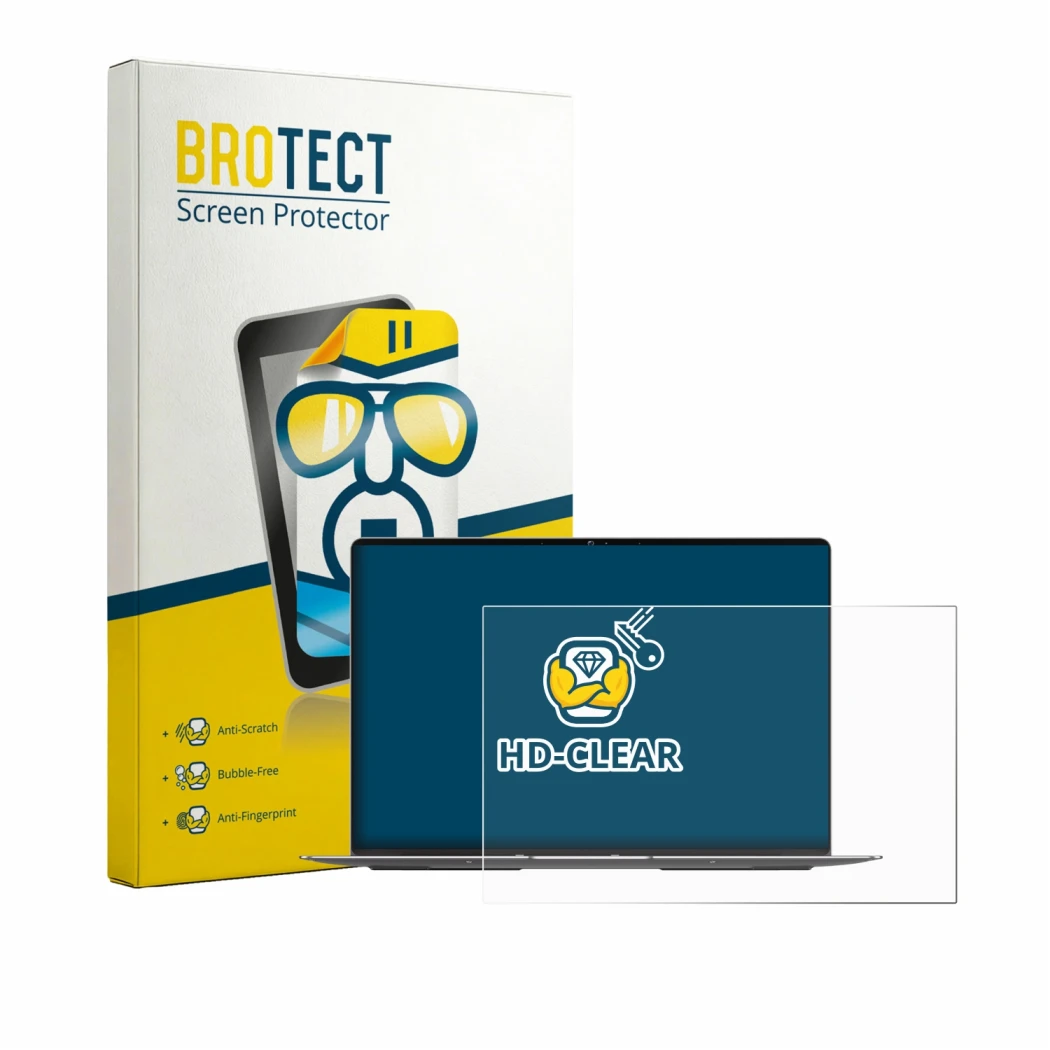 Front side of a product packaging with the brand logo BROTECT. Next to it is the device Geekom GeekBook X14 Pro shown with the