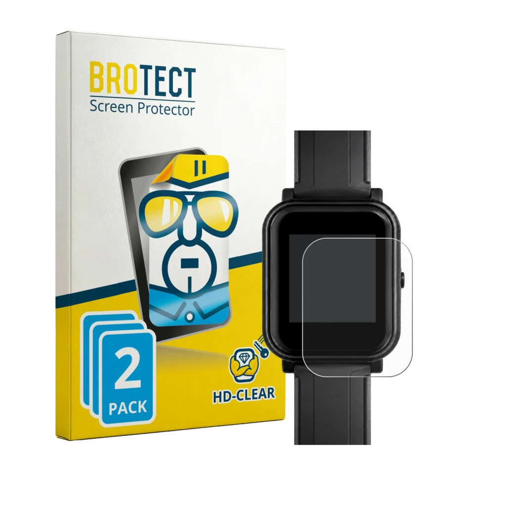 Front side of a product packaging with the brand logo BROTECT. Next to it is the device Bangle.js 2 shown with the correspondi