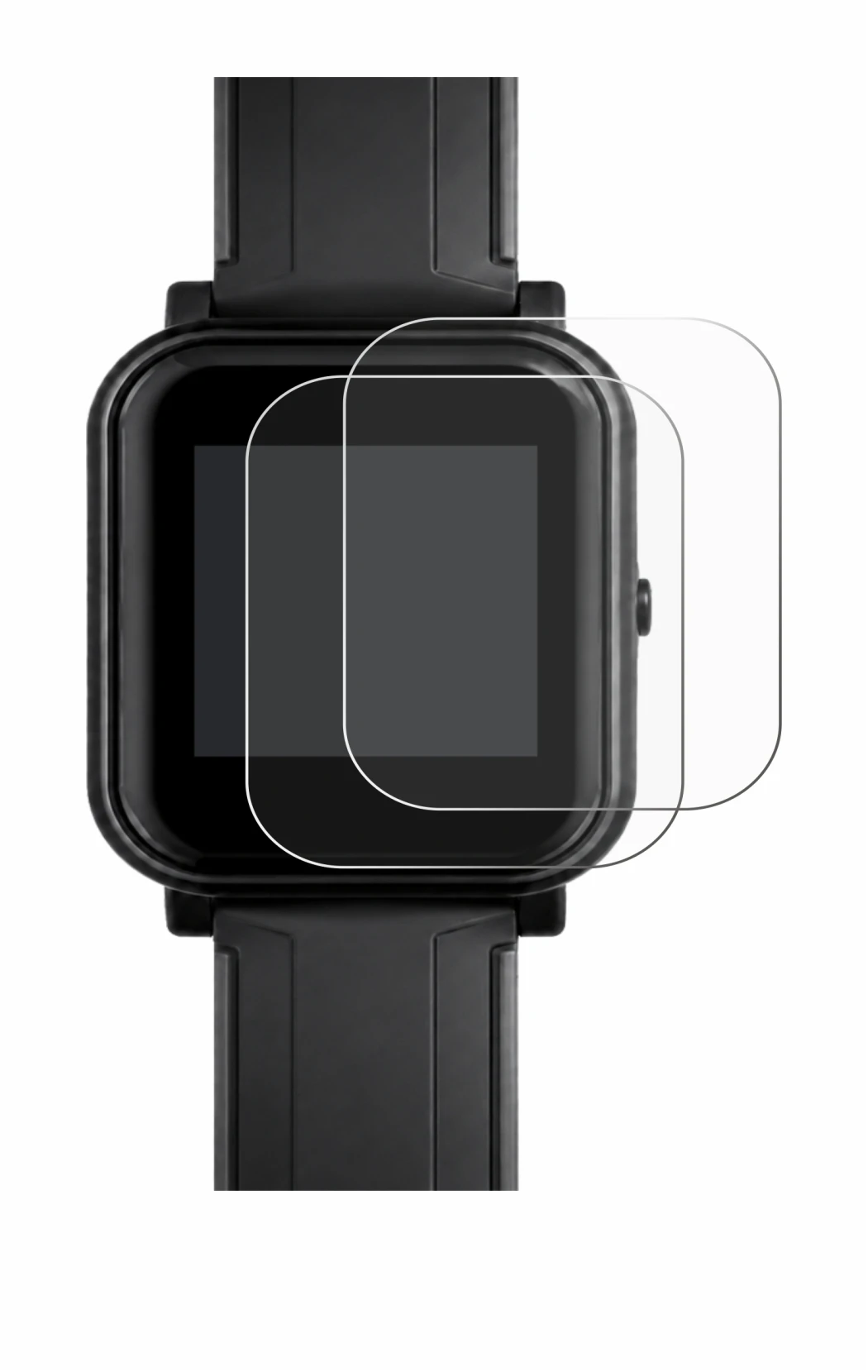 Image of the device Bangle.js 2 with a wide variety of screen protectors.
