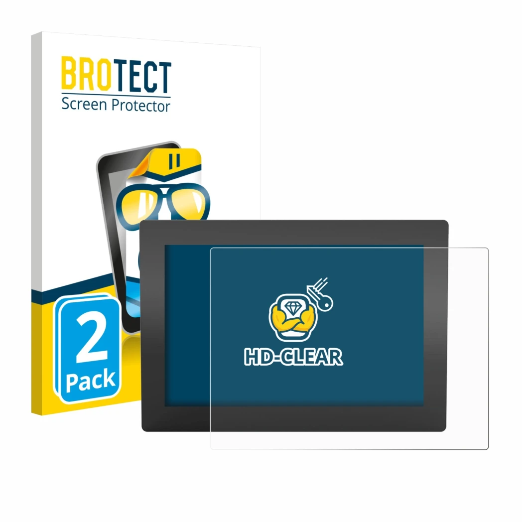 Front side of a product packaging with the brand logo BROTECT. Next to it is the device WAGO Web Panel 400 762-3404 shown with
