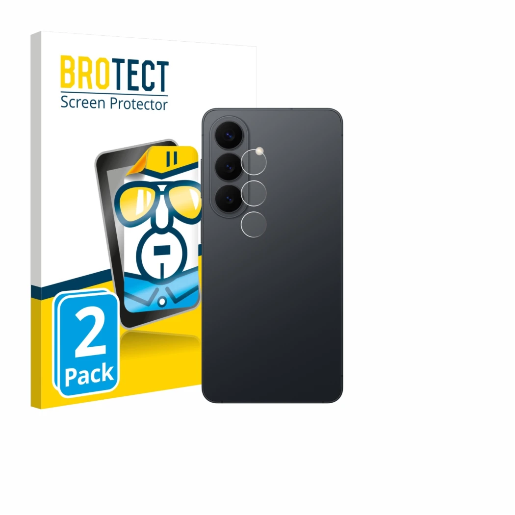 Front side of a product packaging with the brand logo BROTECT. Next to it is the device Samsung Galaxy S26 (ONLY Camera Lens) 