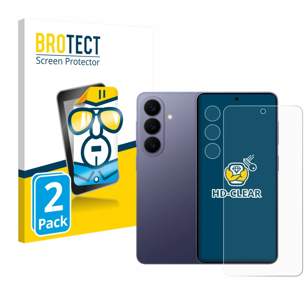 Front side of a product packaging with the brand logo BROTECT. Next to it is the device Samsung Galaxy S26 (Front+Camera) show