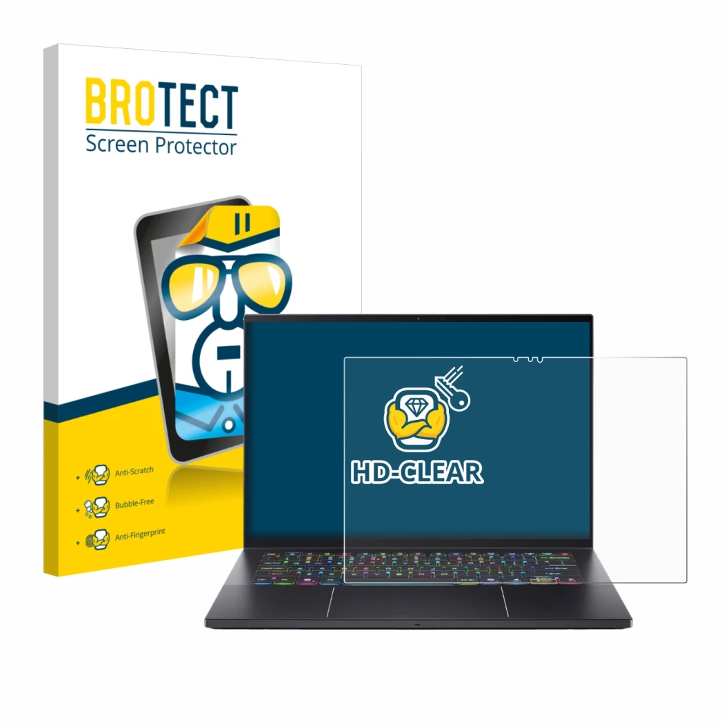 Front side of a product packaging with the brand logo BROTECT. Next to it is the device Acer Predator Triton 14 AI shown with