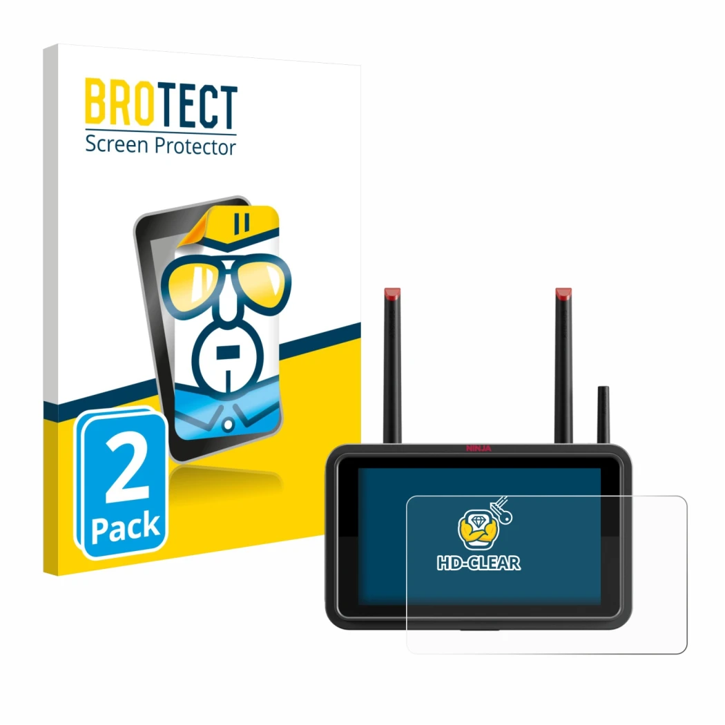 Front side of a product packaging with the brand logo BROTECT. Next to it is the device Atomos Ninja TX shown with the corresp