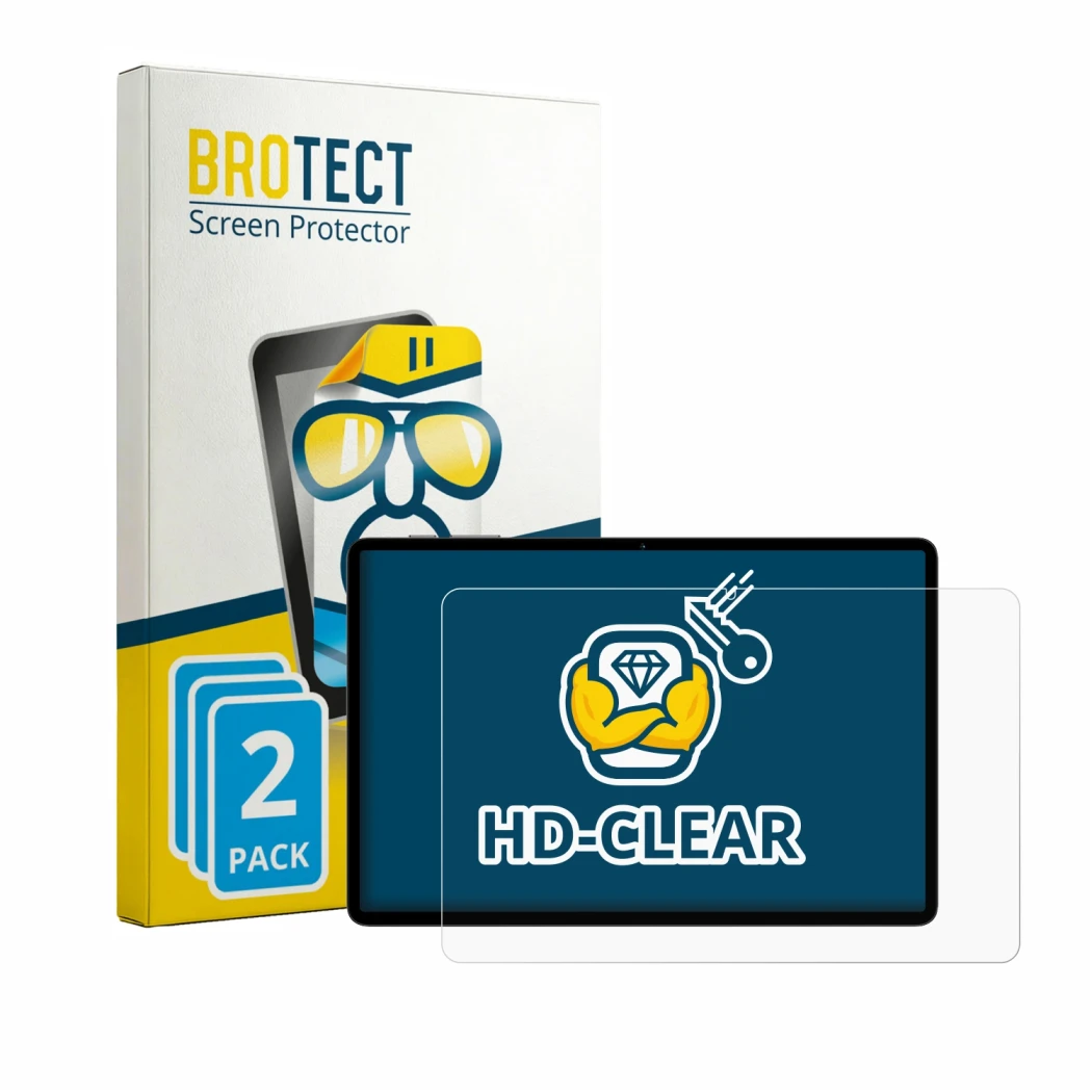 Front side of a product packaging with the brand logo BROTECT. Next to it is the device Teclast P50T shown with the correspond