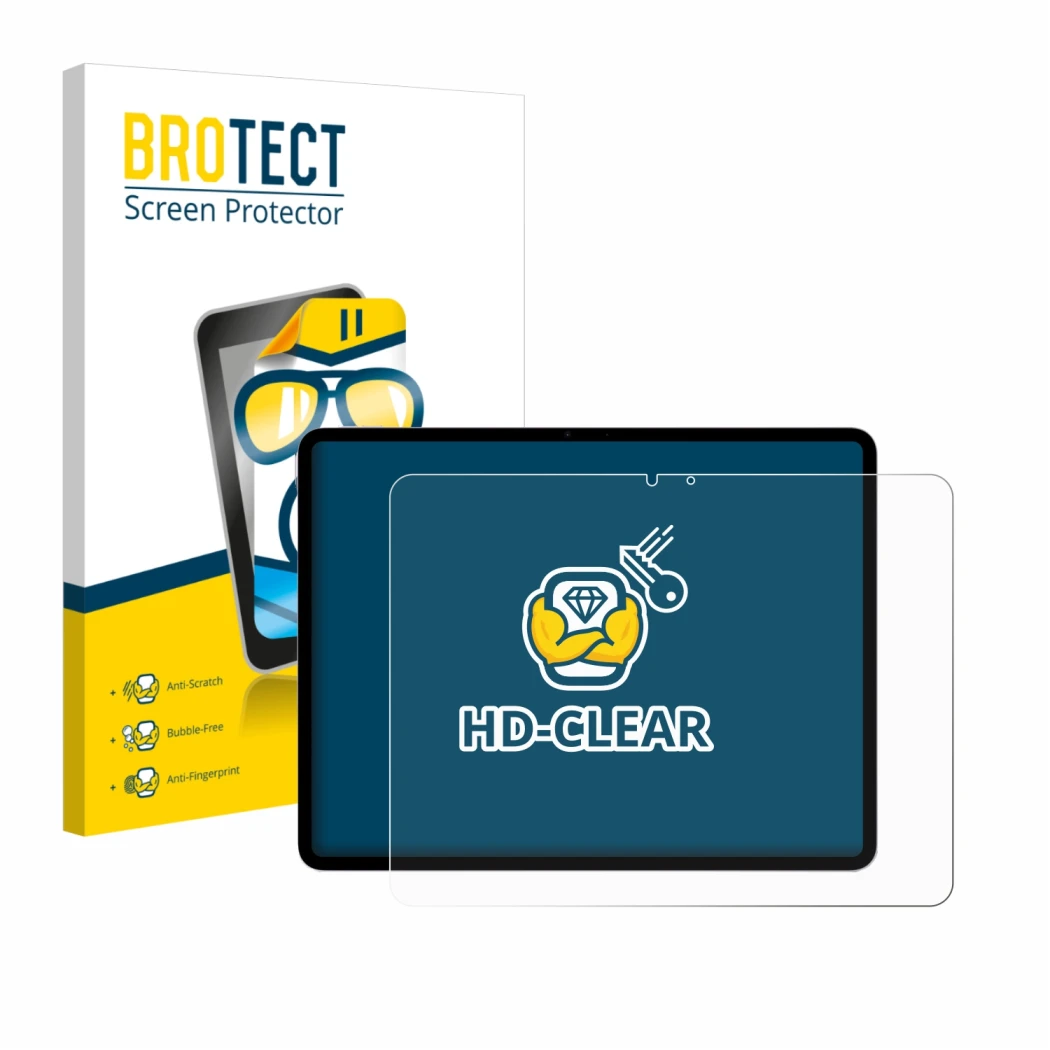 Front side of a product packaging with the brand logo BROTECT. Next to it is the device Apple iPad Air 13