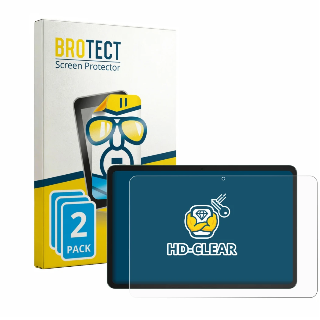Front side of a product packaging with the brand logo BROTECT. Next to it is the device Tecno MEGAPAD 2 shown with the corresp