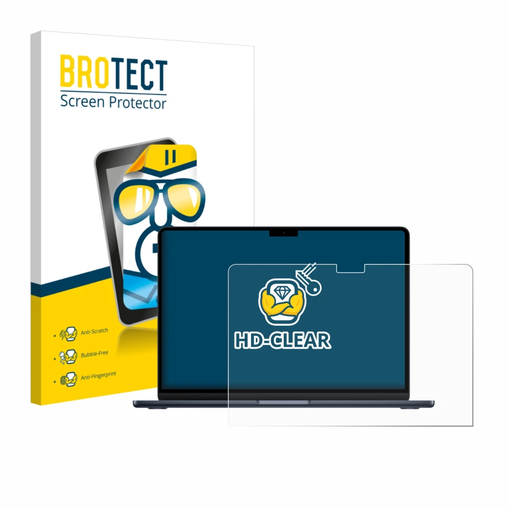 Front side of a product packaging with the brand logo BROTECT. Next to it is the device Apple MacBook Air 13
