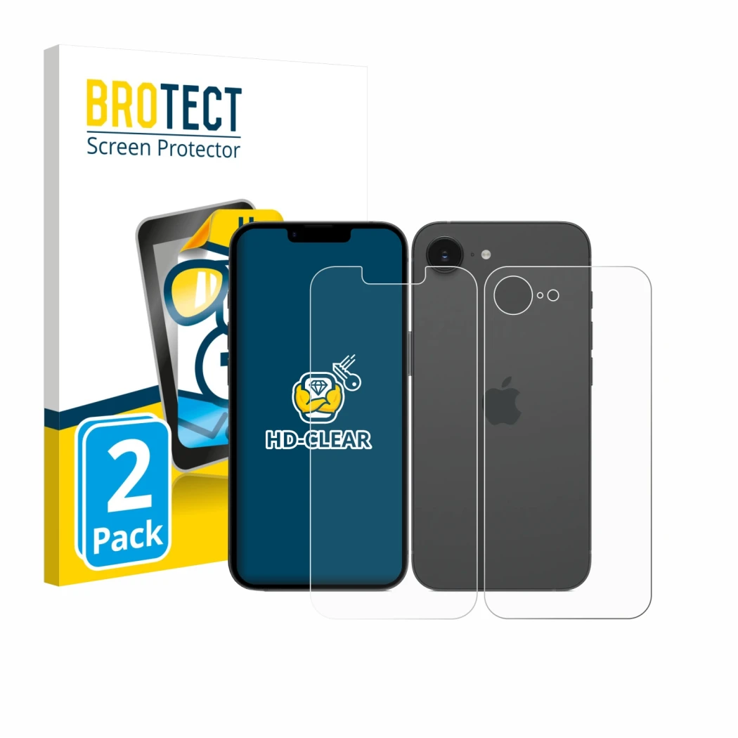 Front side of a product packaging with the brand logo BROTECT. Next to it is the device Apple iPhone 17e (Front+Back) shown wi