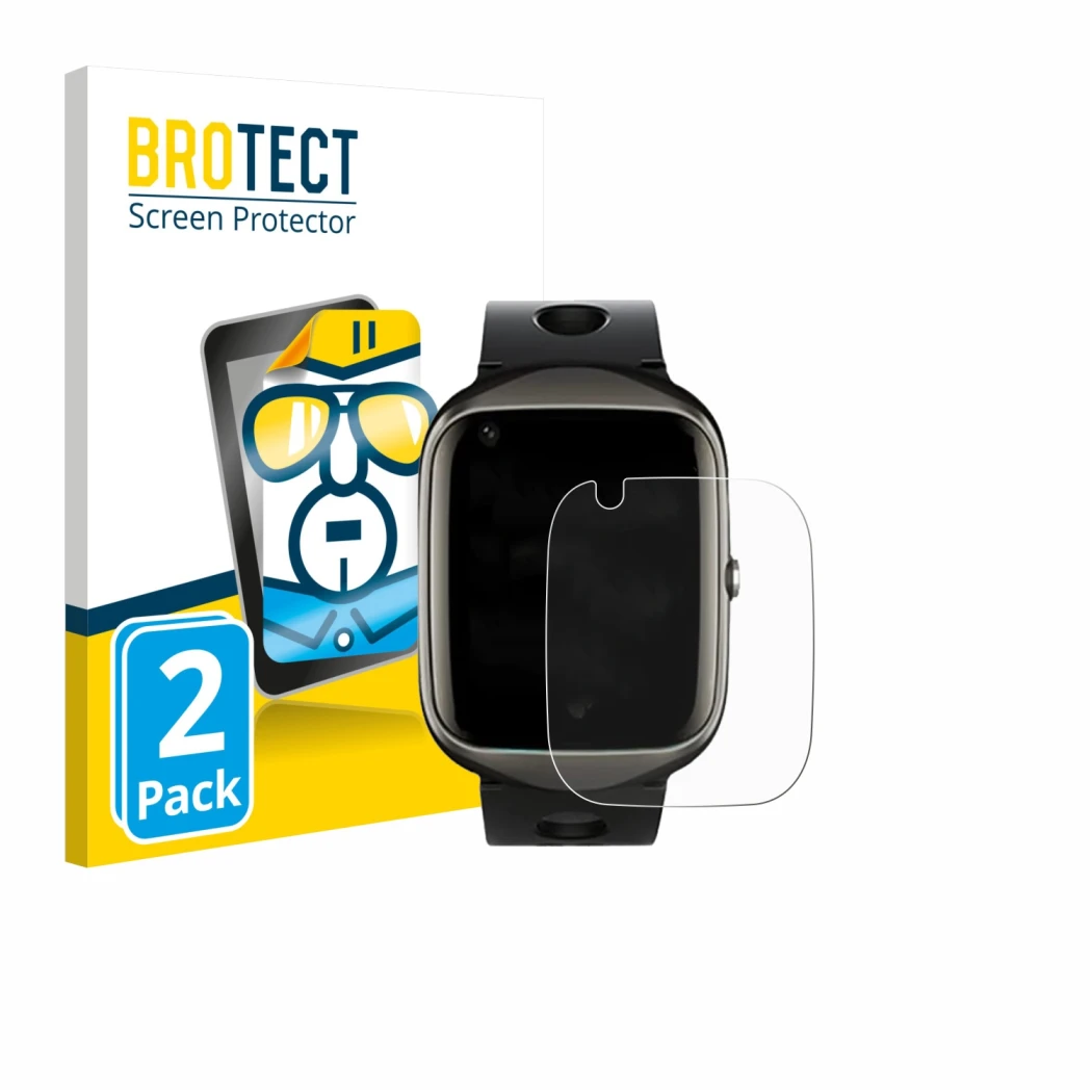 Front side of a product packaging with the brand logo BROTECT. Next to it is the device ABUBU SmartWatch PBL2 shown with the c