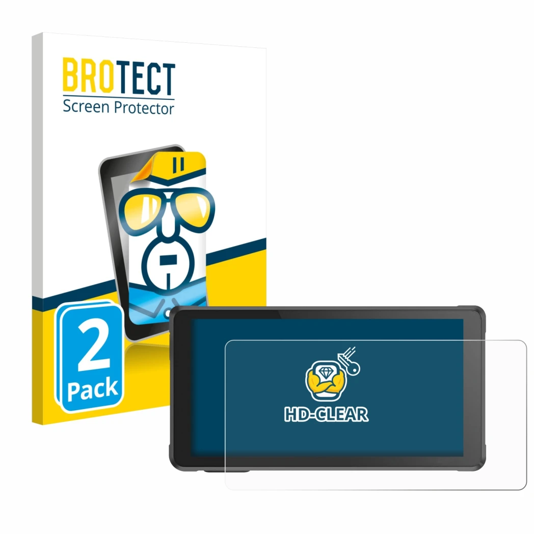 Front side of a product packaging with the brand logo BROTECT. Next to it is the device Interphone RideSync shown with the cor