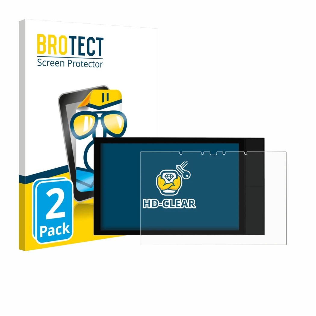 Front side of a product packaging with the brand logo BROTECT. Next to it is the device Shelly Wall Display XL shown with the 