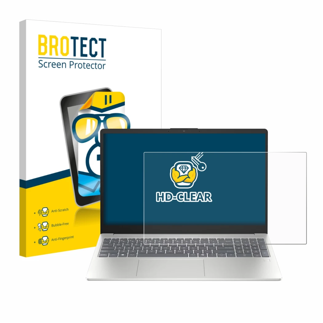 Front side of a product packaging with the brand logo BROTECT. Next to it is the device HP Laptop 15-fd0710ng shown with the c