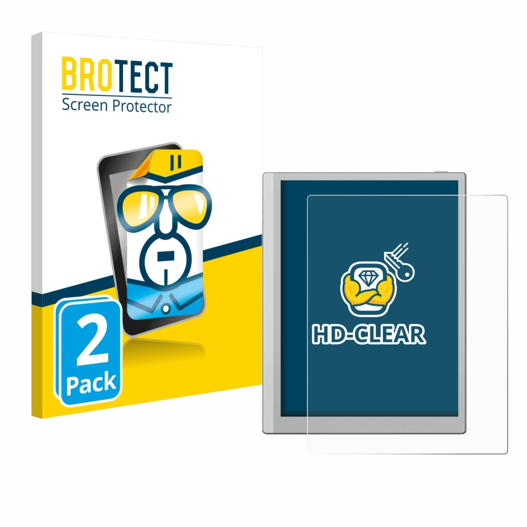 Front side of a product packaging with the brand logo BROTECT. Next to it is the device Boox Go 10.3 (Gen II) shown with the c