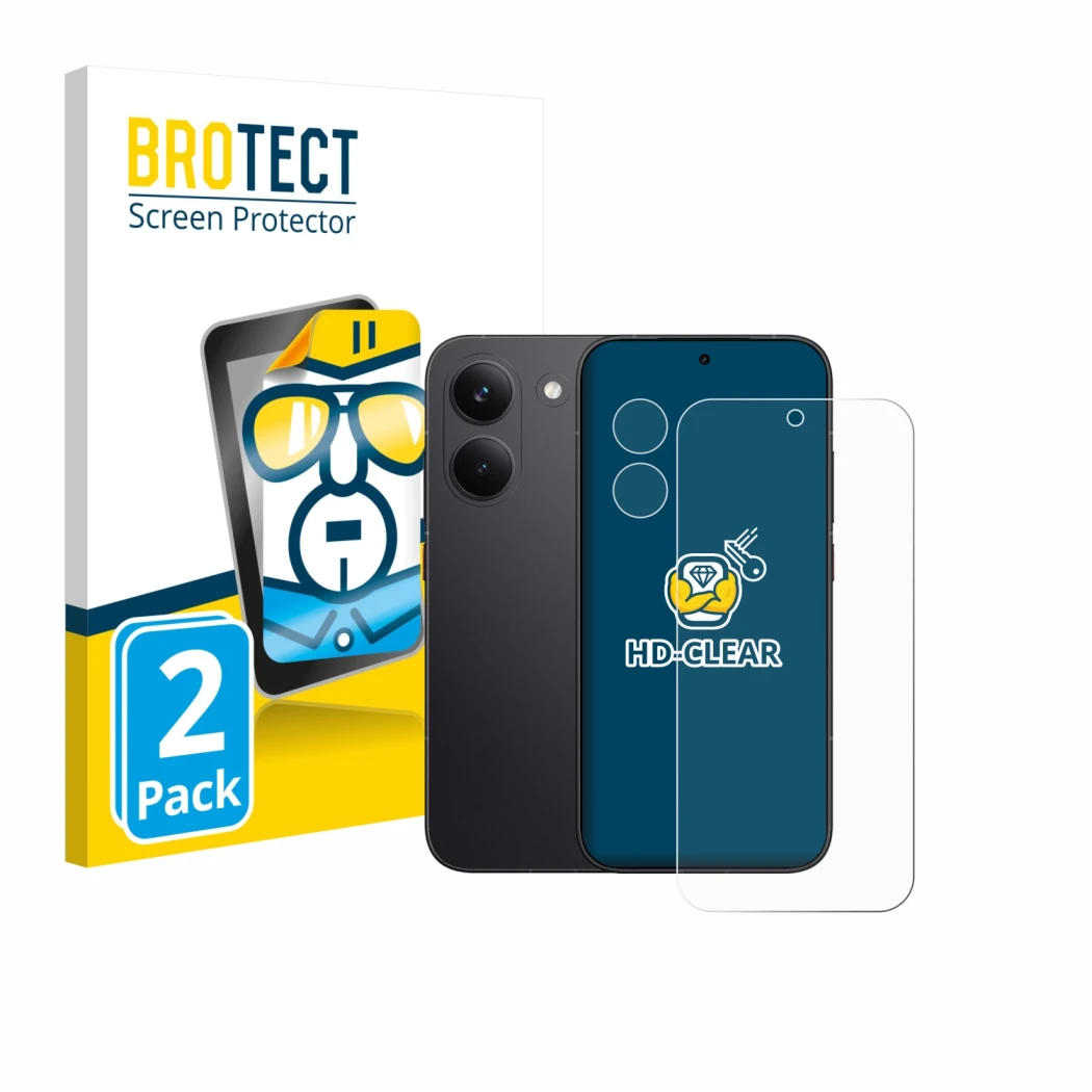 Front side of a product packaging with the brand logo BROTECT. Next to it is the device Xiaomi Poco X8 Pro (Front+Camera) show