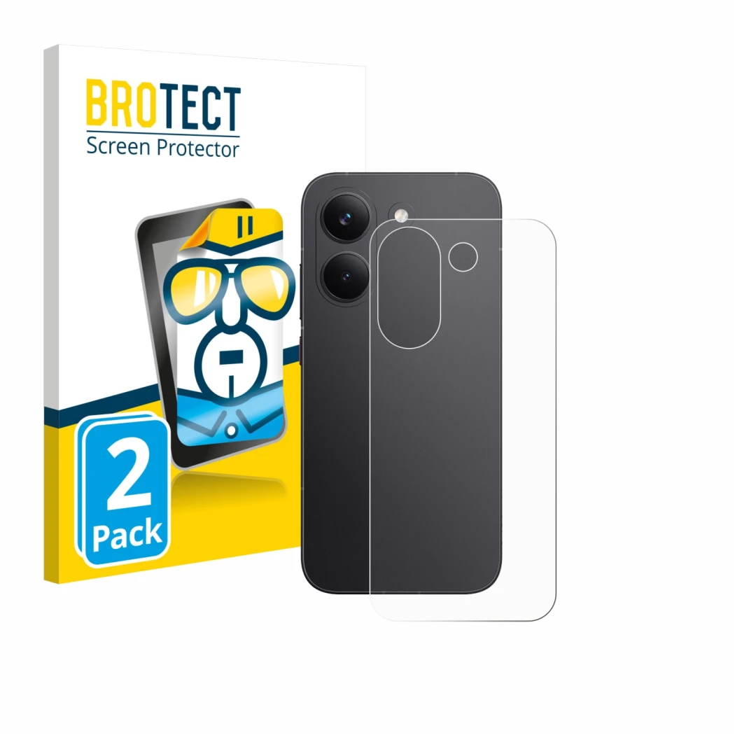 Front side of a product packaging with the brand logo BROTECT. Next to it is the device Xiaomi Poco X8 Pro (Back) shown with t