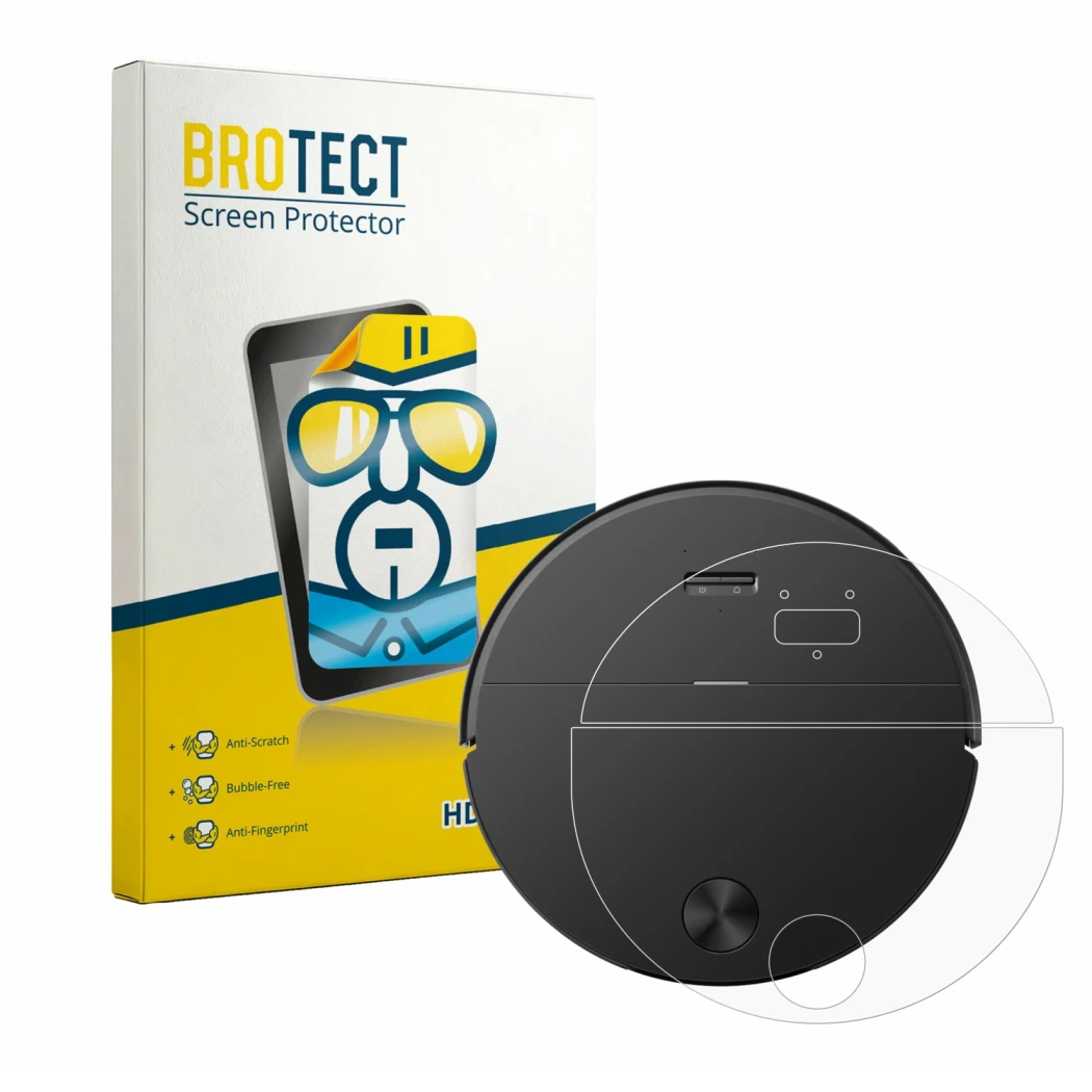 Front side of a product packaging with the brand logo BROTECT. Next to it is the device Roborock Saros 20 Sonic shown with the