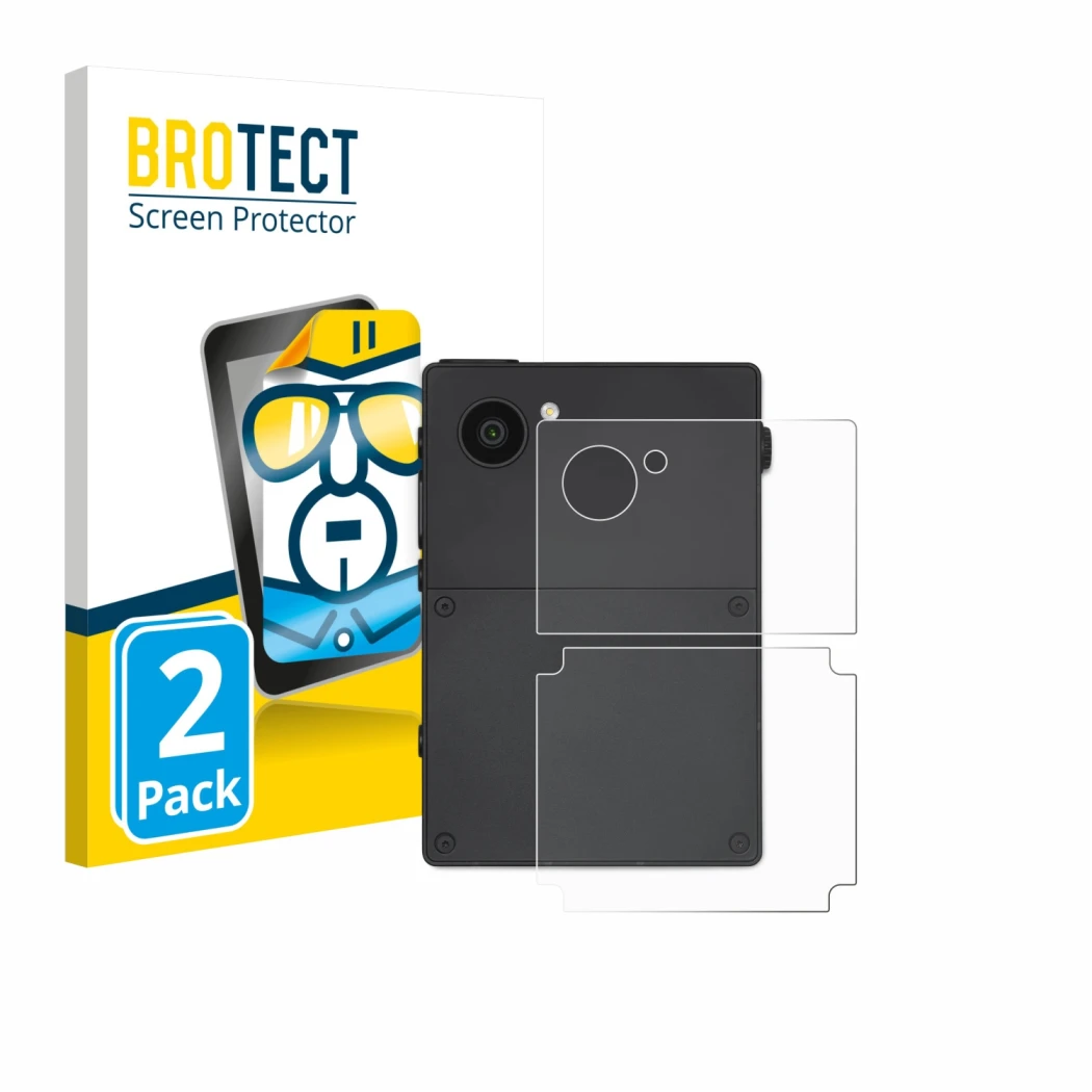 Front side of a product packaging with the brand logo BROTECT. Next to it is the device Light Phone 3 (Back) shown with the co